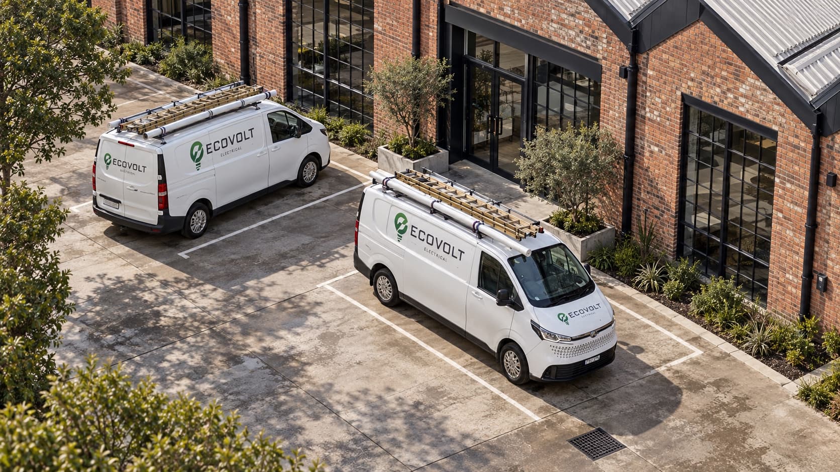 Ecovolt Electrical vans parked outside a brick commercial building