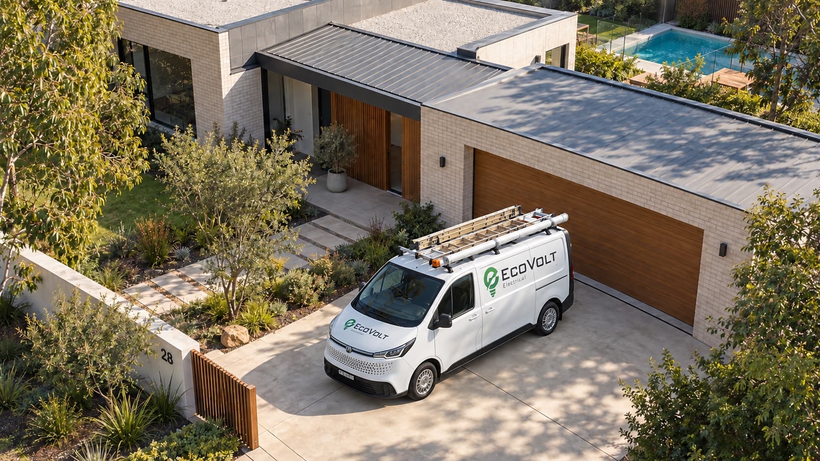Ecovolt Electrical van in the driveway of a modern home