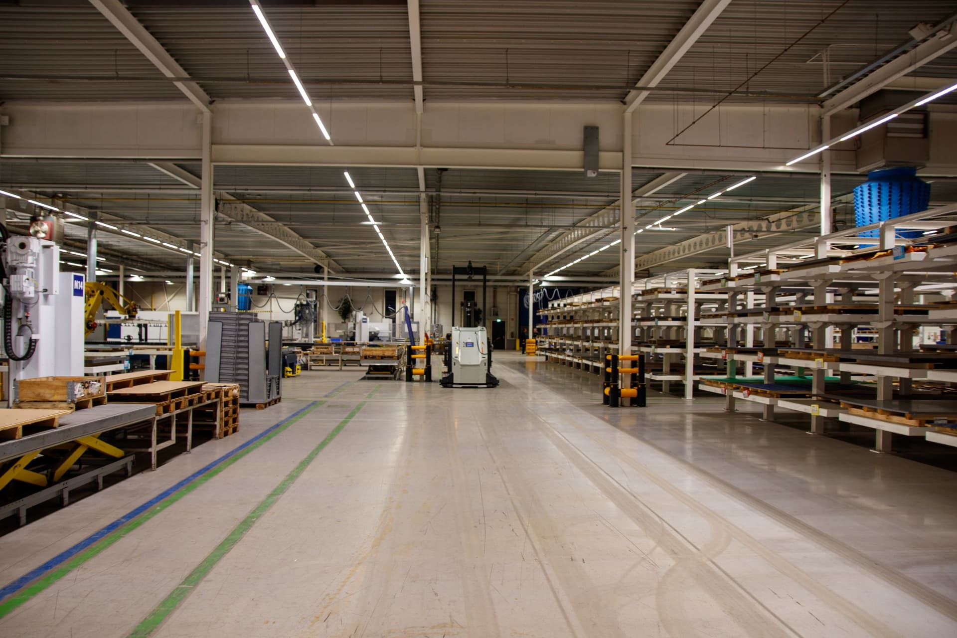 Warehouse lit by LED high-bay lighting
